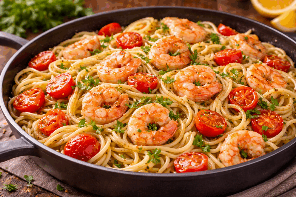 Macarrão com camarão, alho e tomates cereja, receita fácil e sofisticada, perfeita para um almoço especial ou jantar de sábado. Macarrão com camarão, alho e tomates cereja, receita fácil e sofisticada, perfeita para um almoço especial ou jantar de sábado.