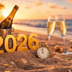 Cena de r&eacute;veillon na praia com n&uacute;meros dourados 2026, ta&ccedil;as de champanhe, rel&oacute;gio e mar ao fundo.