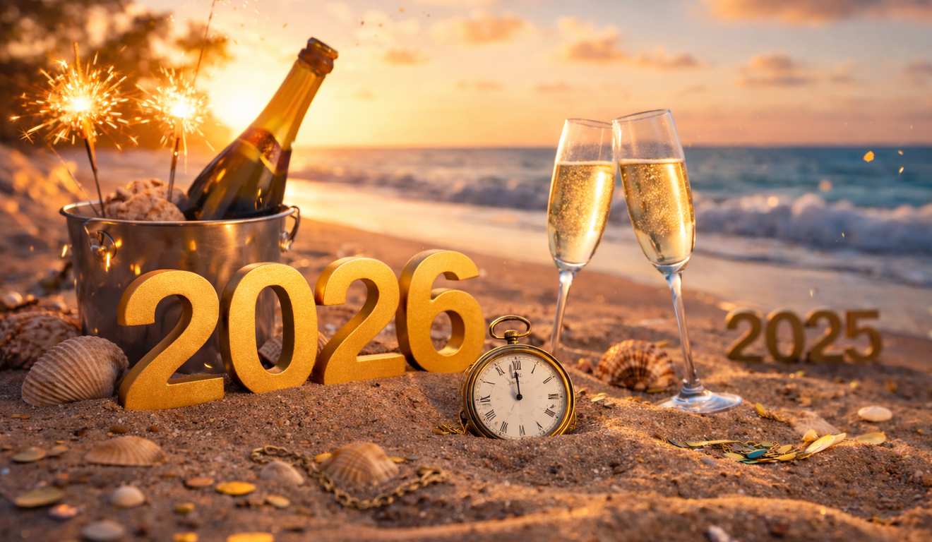 Cena de réveillon na praia com números dourados 2026, taças de champanhe, relógio e mar ao fundo. Cena de réveillon na praia com números dourados 2026, taças de champanhe, relógio e mar ao fundo.