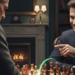 Dois homens jogam xadrez em uma sala aconchegante com lareira e estante de livros. Um deles aponta para o tabuleiro.