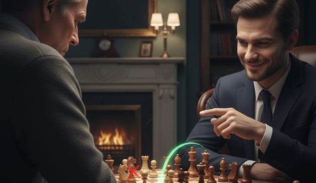 Dois homens jogam xadrez em uma sala aconchegante com lareira e estante de livros. Um deles aponta para o tabuleiro.