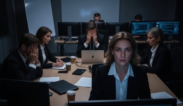Grupo de executivos em reunião, com foco em mulher com olhos vermelhos.