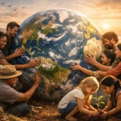 Grupo de pessoas abra&ccedil;ando o planeta Terra, com crian&ccedil;as plantando mudas e outros limpando o lixo.