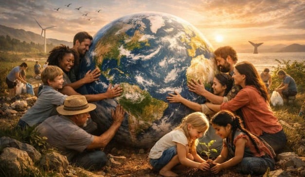 Grupo de pessoas abraçando o planeta Terra, com crianças plantando mudas e outros limpando o lixo.