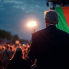 Homem de costas em evento, com bandeira do Rio Grande do Sul ao fundo e p&uacute;blico.