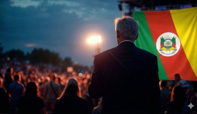 Homem de costas em evento, com bandeira do Rio Grande do Sul ao fundo e público.