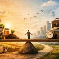 Ilustra&ccedil;&atilde;o de balan&ccedil;a com elementos de sa&uacute;de e trabalho, simbolizando equil&iacute;brio na vida.