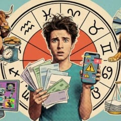 Ilustra&ccedil;&atilde;o de signos do zod&iacute;aco, pessoa com dinheiro e smartphone com alerta.