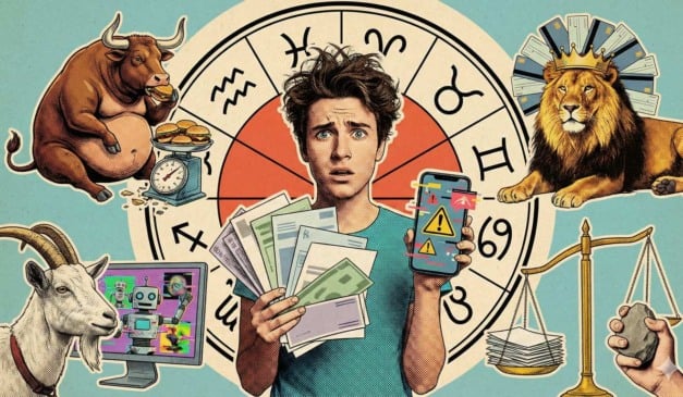 Ilustração de signos do zodíaco, pessoa com dinheiro e smartphone com alerta.