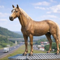 A obra retratar&aacute; o animal exatamente sobre a representa&ccedil;&atilde;o de um telhado. (Foto: Imagem ilustrativa gerada por intelig&ecirc;ncia artificial / Independente)
