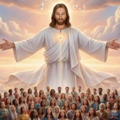 Jesus Cristo com os bra&ccedil;os abertos, cercado por nuvens e pessoas olhando para cima.