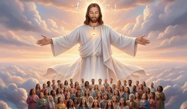 Jesus Cristo com os braços abertos, cercado por nuvens e pessoas olhando para cima.