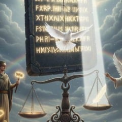 Justiça representada por figuras com balança, anjos e pombos, sob céu com arco-íris.