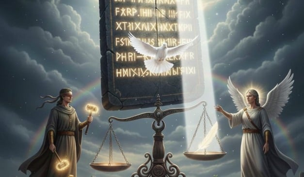 Justiça representada por figuras com balança, anjos e pombos, sob céu com arco-íris.