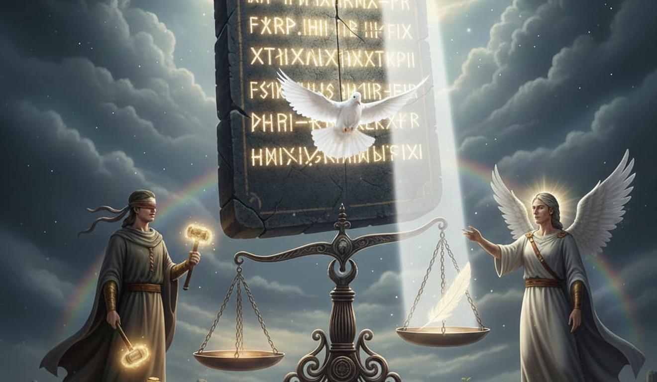 Justiça representada por figuras com balança, anjos e pombos, sob céu com arco-íris. Justiça representada por figuras com balança, anjos e pombos, sob céu com arco-íris.
