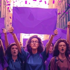 Manifestação feminista com mulheres segurando cartazes roxos, em protesto, com confetes no ar.