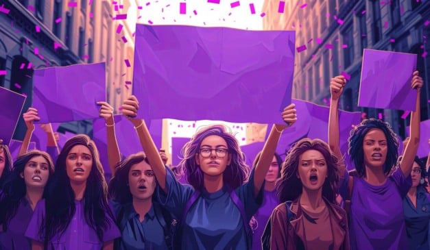 Manifestação feminista com mulheres segurando cartazes roxos, em protesto, com confetes no ar.