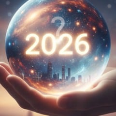 M&atilde;o segurando globo com 2026, com cidade e c&eacute;u estrelado
