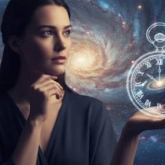 Mulher segurando um relógio digital em meio ao espaço sideral, simbolizando tempo e universo.