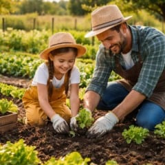 Pai e filha plantando alface em horta, aprendendo sobre agricultura e jardinagem.