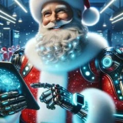 Papai Noel cibern&eacute;tico com tablet em escrit&oacute;rio futurista, cercado por rob&ocirc;s e duendes.