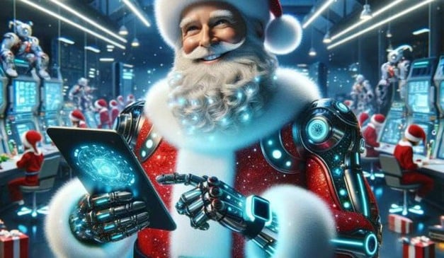 Papai Noel cibernético com tablet em escritório futurista, cercado por robôs e duendes.