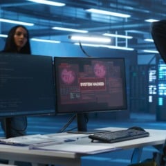 Tela de computador com a mensagem 'Sistema Hackeado' em um ambiente de segurança de dados.