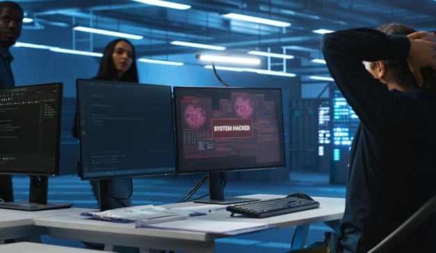 Tela de computador com a mensagem 'Sistema Hackeado' em um ambiente de segurança de dados.