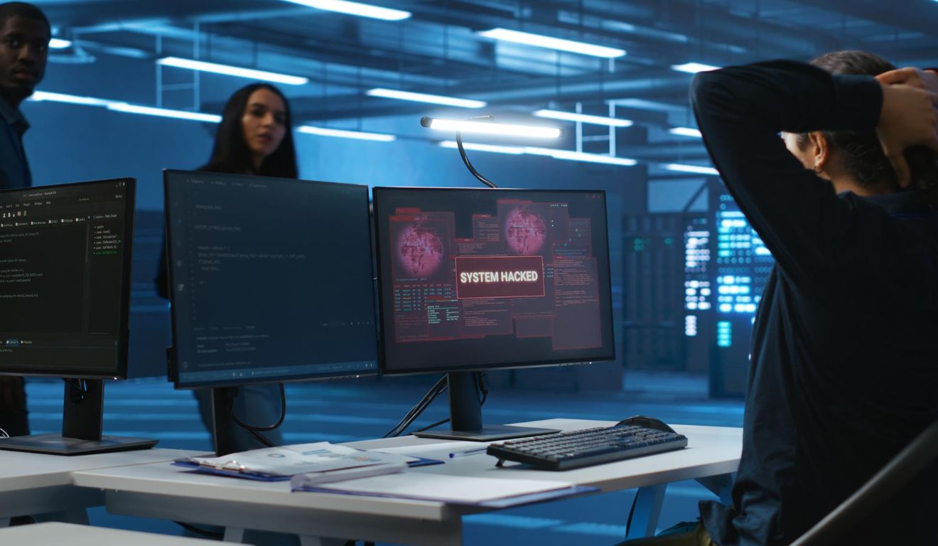 Tela de computador com a mensagem 'Sistema Hackeado' em um ambiente de segurança de dados.