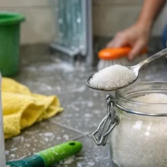 &Aacute;gua sanit&aacute;ria sozinha n&atilde;o resolve Misture a&ccedil;&uacute;car para limpar piso e box do banheiro