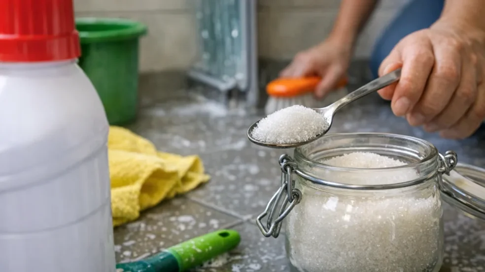 Água sanitária sozinha não resolve Misture açúcar para limpar piso e box do banheiro Água sanitária sozinha não resolve Misture açúcar para limpar piso e box do banheiro