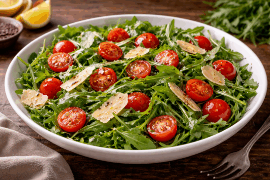 Cozinha Viva: Salada de rúcula com tomate e queijo parmessão
