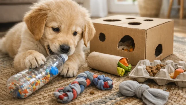Como criar brinquedos sensoriais para filhotes de cachorro com itens recicláveis
