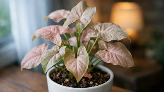 Singônio rosa se a cor da sua desbotou, pode ser a luz errada no lugar onde você colocou o vaso