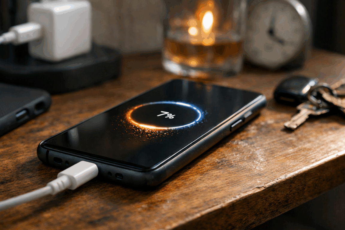 Smartphone a carregar em superfície de madeira Smartphone a carregar em superfície de madeira