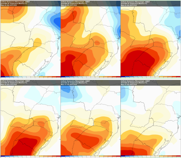 Previsão de desvio de temperatura máxima entre os dias 24 e 29 de janeiro. Imagem: INMET/Divulgação