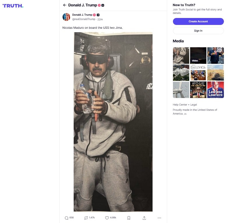 Trump divulga 1ª foto de Nicolás Maduro capturado