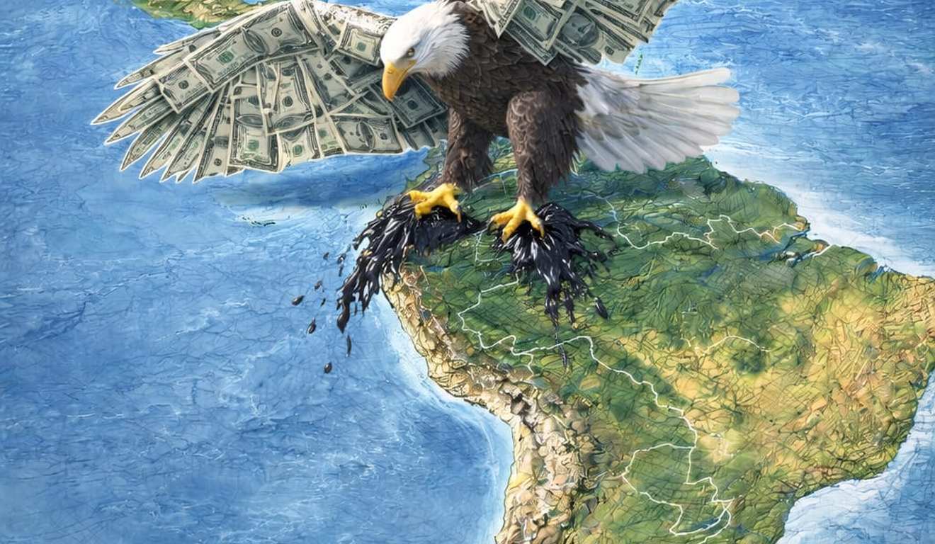Águia com asas de dinheiro sobre mapa da América do Sul, com petróleo escorrendo. Águia com asas de dinheiro sobre mapa da América do Sul, com petróleo escorrendo.