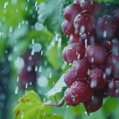 Cacho de uvas roxas sendo banhado pela chuva, com gotas de &aacute;gua brilhantes.