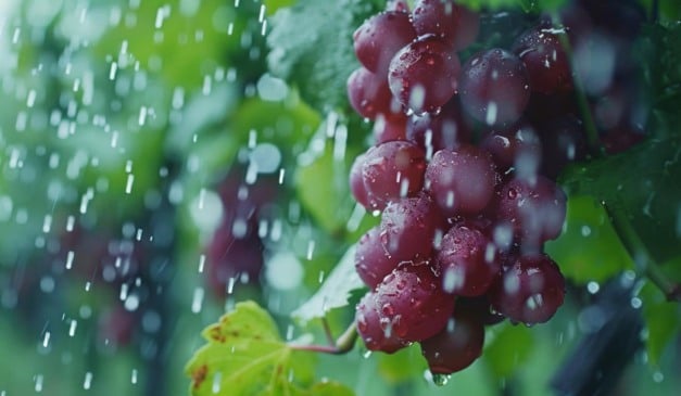 Cacho de uvas roxas sendo banhado pela chuva, com gotas de água brilhantes.
