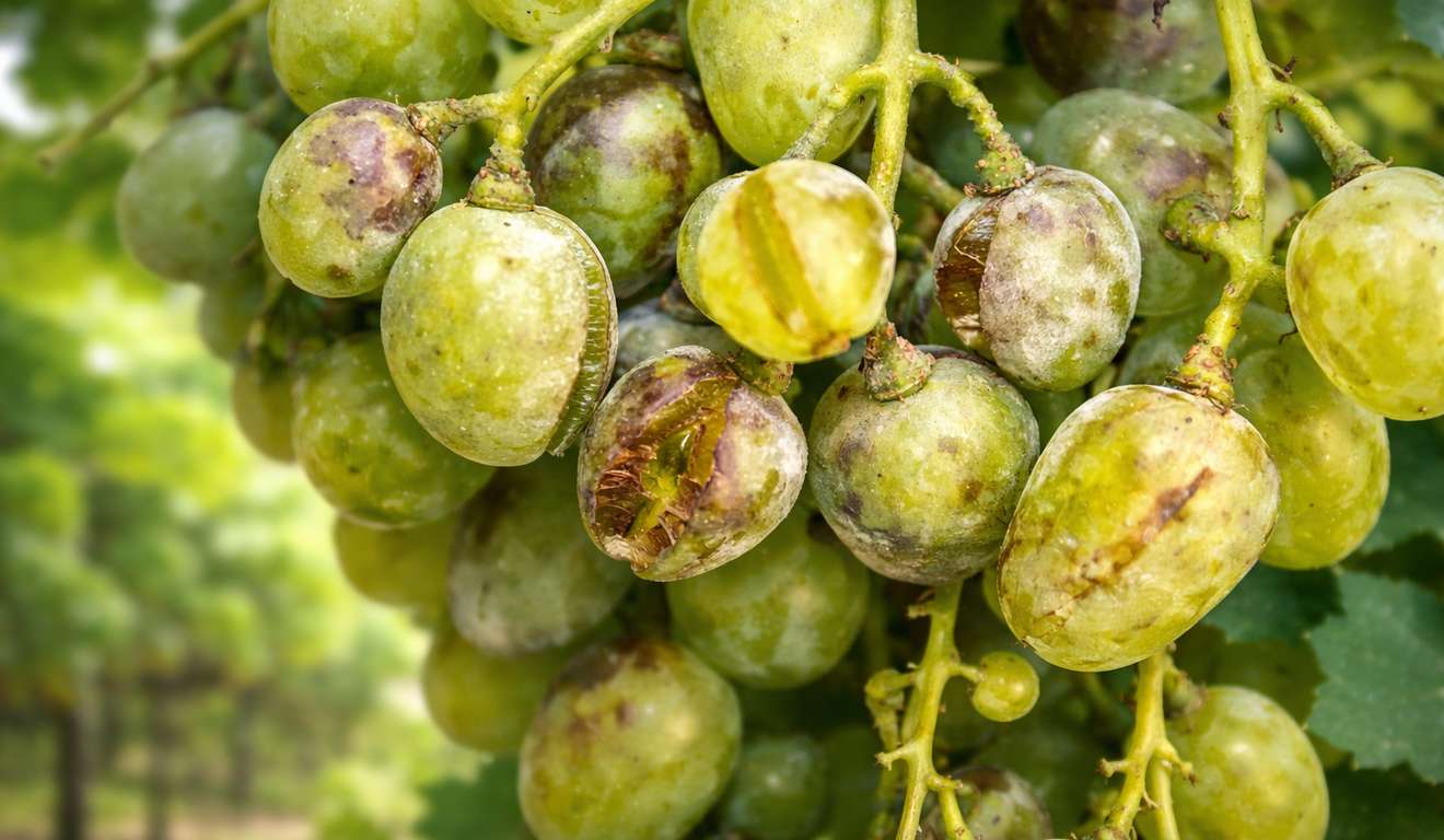 Cacho de uvas verdes com sinais de doença, algumas rachadas. Cacho de uvas verdes com sinais de doença, algumas rachadas.