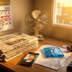 Cena de escrit&oacute;rio com calend&aacute;rio de janeiro de 2026, jornais sobre crise clim&aacute;tica e rem&eacute;dios.