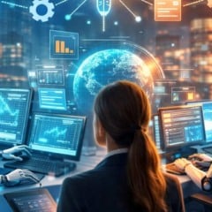 Cena futurista: rob&ocirc;s e pessoa analisando dados em telas, com um globo terrestre no centro, representando intelig&ecirc;ncia artificial e an&aacute;lise de dados.