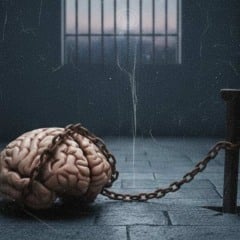 C&eacute;rebro acorrentado em uma cela de pris&atilde;o, simbolizando limita&ccedil;&otilde;es mentais.
