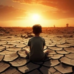 Crian&ccedil;a sentada em terra rachada, olhando para o sol ao p&ocirc;r do sol, representando esperan&ccedil;a e reflex&atilde;o.