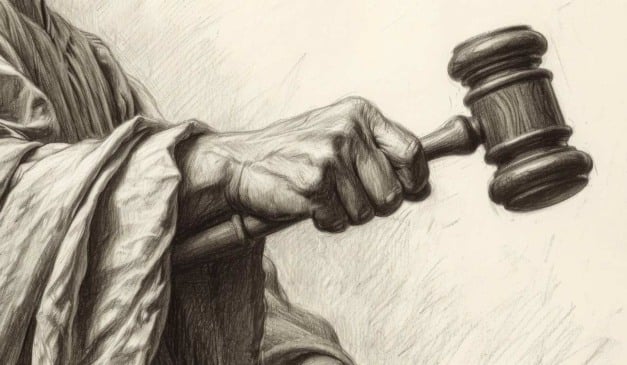 Desenho a lápis de mão segurando martelo de juiz.