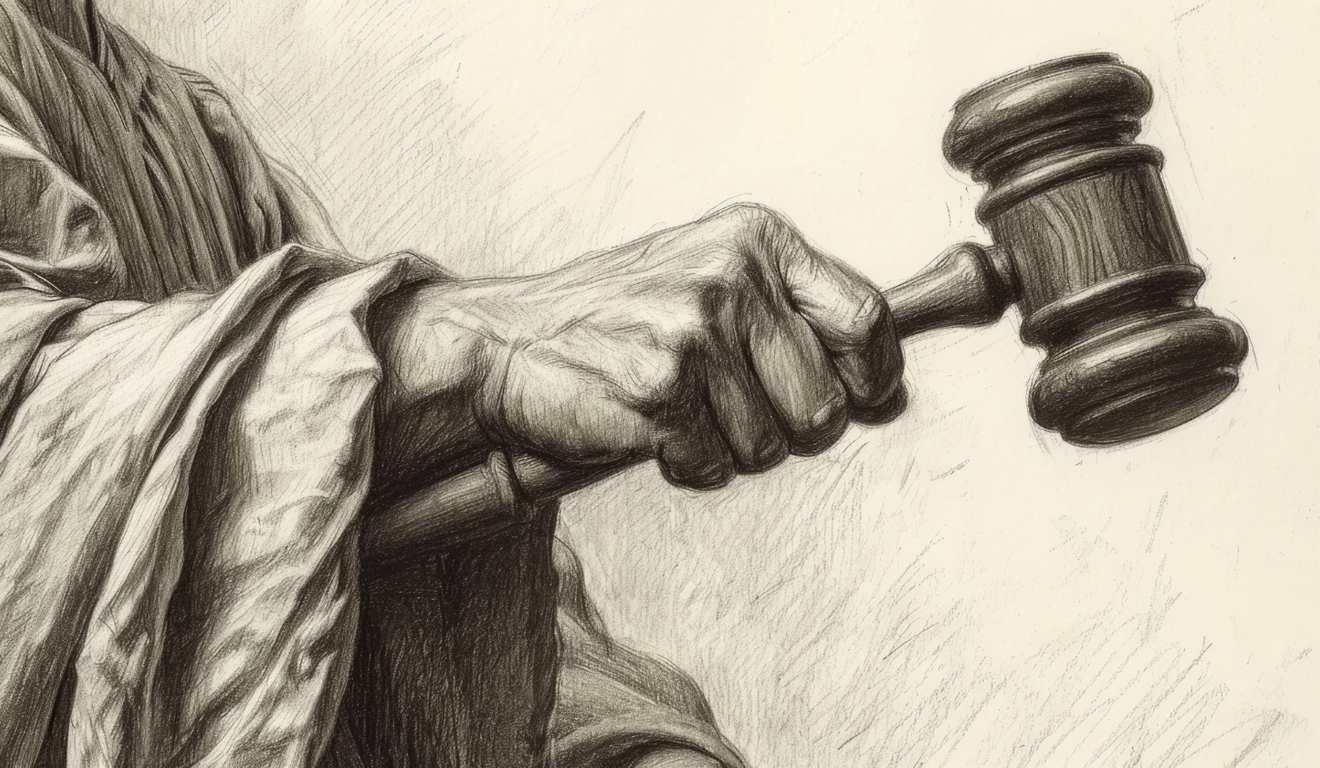 Desenho a lápis de mão segurando martelo de juiz. Desenho a lápis de mão segurando martelo de juiz.