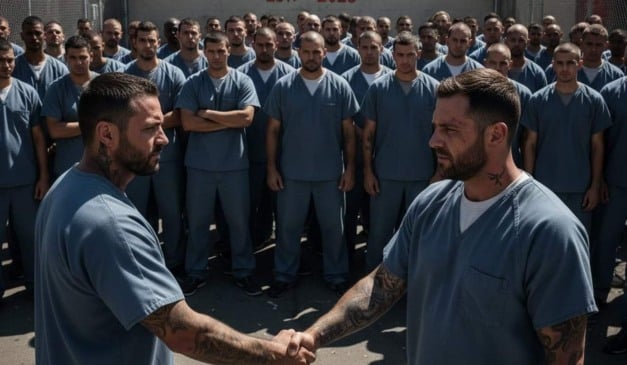 Dois homens se cumprimentando em um grupo de presidiários, ambos com tatuagens e roupas azuis.
