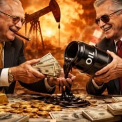 Dois homens sorrindo trocando dinheiro e petr&oacute;leo, com uma bandeira americana ao fundo.