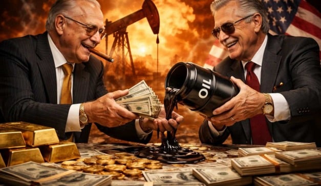 Dois homens sorrindo trocando dinheiro e petróleo, com uma bandeira americana ao fundo.